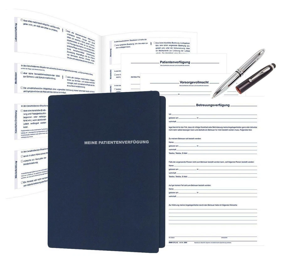 2x Patientenverfügung in hochwertiger Mappe + LED Touchpen Kugelschreiber