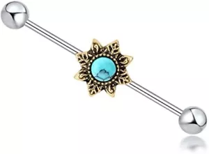 Sun with Aqua Opal Industrial Scaffold Bar - Ear Piercing Barbell Jewellery 35mm - Picture 1 of 3