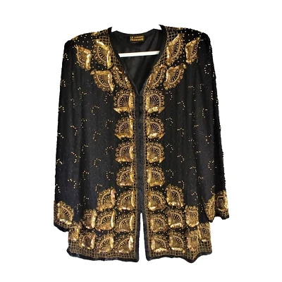 Chaqueta vintage Le Monde Fashions lentejuelas cuentas seda talla grande negra y dorada  Foto 1 de 4