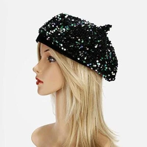 Women's Dark Green Artist Beret Sparkle Bling Shiny Sequins Beanie Party Hat Cap - Picture 1 of 3