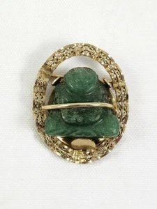 Broche prendedor Hobe Lucky Buddha piedra verde relleno de oro de 12 quilates raro - Imagen 1 de 6
