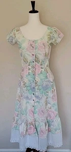 Vintage Handmade Stufen Maxikleid Gr. S Prärie Landhaus Blumen Pastell Knopf - Bild 1 von 12