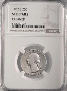 1932-S 25C WASHINGTON SILVER QUARTER NGC VF DETTAGLI "PULITO" #8405239-027 - Foto 1 di 4