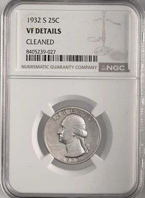 1932-S  25C WASHINGTON SILVER QUARTER  NGC VF DETAILS "CLEANED" #8405239-027 - Image 1 of 4