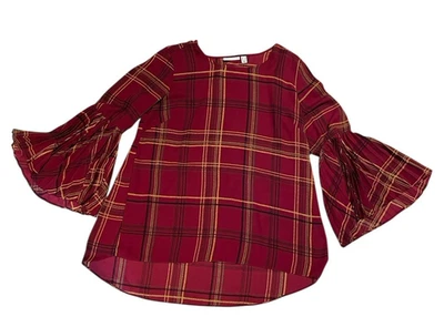 Top Susan Graver para mujer BOHO talla 10 M rojo profundo negro mangas de campana a cuadros vacaciones Foto 1 de 4