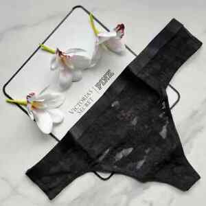 PINK Victoria's Secret Wear Everywhere Lace Thong Panty Pure Black Size S/M