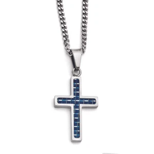Chisel Stainless Steel Blue Carbon Fiber Inlay Polished Small Cross Necklace 20" - Picture 1 of 2