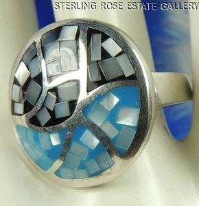 7/8" MOTHER OF PEARL inlaid ENAMEL Sterling Silver 0.925 Estate RING size 9 - Picture 1 of 6
