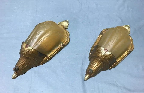 Antique Pair Cast Iron Gold Deco Interior Slip Shade Wall Sconces VTG 942-22B Cover