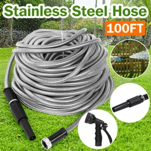 100 Ft Garden Hose Stainless Steel Metal Super Flexible Water Pipe with 2 nozzle - Picture 1 of 12