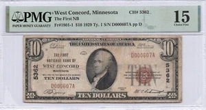FIRST NB WEST CONCORD, MN $10.00 1929 PMG 15 Charter 5362 - Picture 1 of 2