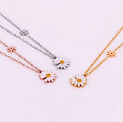 16-18" 18K Gold Stainless Steel Enamel Daisy Pendant Necklace Gift PE12 - Image 1 of 4
