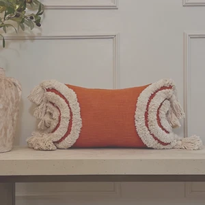 Terracotta & Ivory Boho Throw Pillow Cover 20x12 Inch with Tassels - Picture 1 of 9