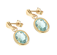 9ct Yellow Gold Real Blue Topaz Oval Drop Earrings UK Made Birthday Gift Boxed
