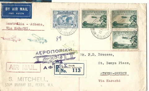 Australia Scott C1 (x3), 112 on 1931 Registered Air Mail cover to Greece Cover