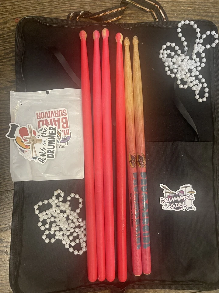 GIRL DRUMMER bundle 3 pair pink sticks 2 strands Pearl Stick bag cute stickers ! - Image 1 of 4