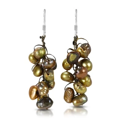 Pretty Luxurious Cluster Natural Bronze Pearl .925 Silver Dangle Earrings - Image 1 of 4