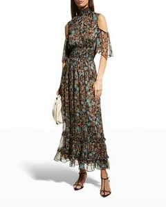 Misa Sz M Black Gold Leaf Floral Maxi Dress Cold Shoulder Smocked Mock Neck - Picture 1 of 18