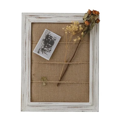 Whitewash Framed Bulletin Board with 3 Hemp Ropes, Rustic Linen Pin Board, Me... - Image 1 of 4