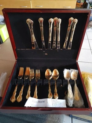 Gold Plated Silverware Set Stainless Flatware Set - 44 Pieces Vintage Wood Case - Image 1 of 4
