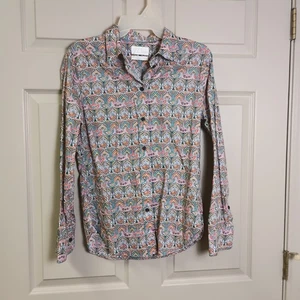 J. Crew Damen Bluse mit Knopfleiste Größe 2 schmal Langarm Paisley mehrfarbig - Bild 1 von 6