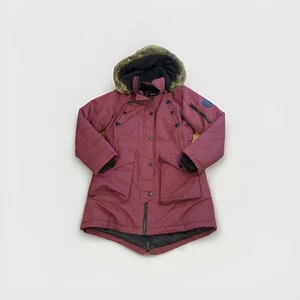 Diesel Women's Parka Fur Trim Hood Burgundy Coat Size 14 - Picture 1 of 10