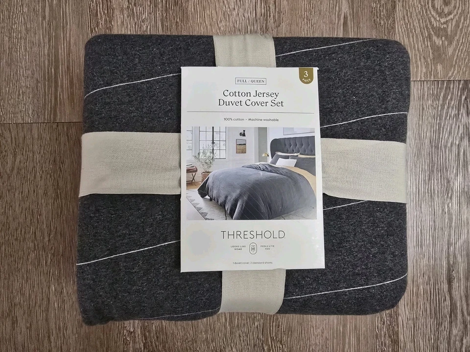 Full/Queen Jersey Duvet and Sham Set Dark Gray Striped - Threshold - Image 1 of 4