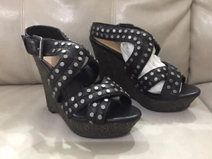 TRUE RELIGION - SAGA -Studded Wedge Platform Sandals Heels size 6.5 black - Picture 1 of 11
