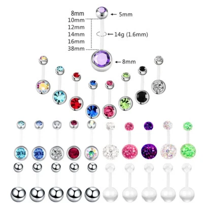 8pc 8mm-38mm Acrylic Bar Navel Ring Crystal Steel Ball Barbell Belly Button 14G Foto 1 de 4