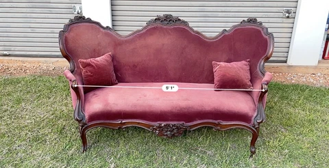 Antique Victorian Carved Wood Rose Burgundy Velvet Sofa Settee Loveseat Cover