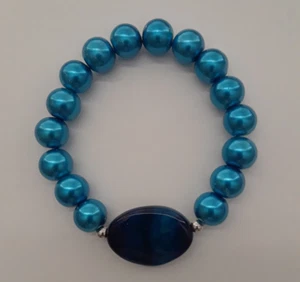 NEW BUY ANY 2 GET 3RD FREE, OVAL BLUE AGATE & RICH BLUE GLASS PEARL BRACELET - Picture 1 of 3