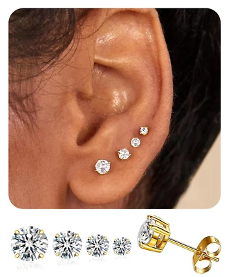 4Pairs Gold Studs Earrings Set for Women Men,20G Hypoallergenic Gold-Plated Stai - Image 1 of 4