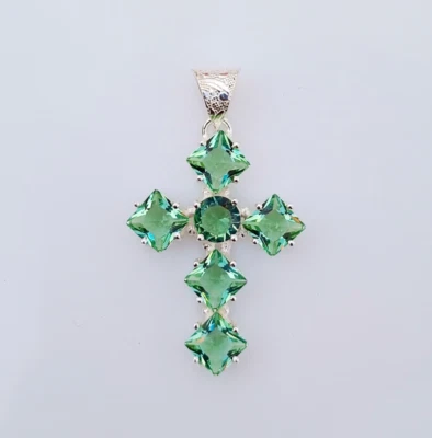 Green Topaz Cross Pendant 925 Sterling Silver Handmade Gemstone Jewelry 2.20" - Image 1 of 4