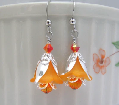 Flower Earrings Tangerine Orange Crystal Lucite Ren Faire Fantasy Steampunk Gift - Image 1 of 4