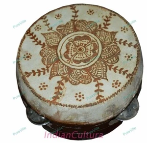 Khanjeera Hand Drum Percussion Dhapli Heena Work Goat Skin Cover Wooden Carnatic - Picture 1 of 9