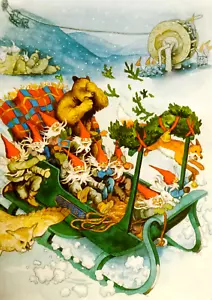 AK Kunst Tomte Wichtel Elfen Schlittenfahrt Bär Winter Schnee Inge Look Finnland - Bild 1 von 1