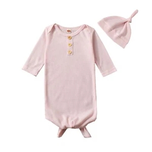 Newborn Baby Girls Boys Knot Gown & Hat Set Pink 0-3 Months - Picture 1 of 6