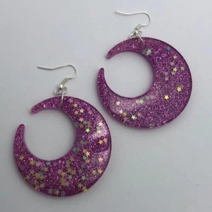 Large crescent moon earrings, Star Glitte , Acrylic Earrings - Picture 1 of 60
