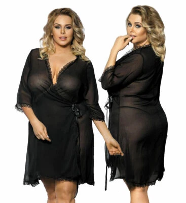 Chiffon-Morgenmantel mit Spitze Plus Size inkl. String Kimono schwarz Made in EU - Bild 1 von 4
