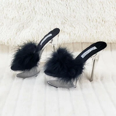 Maren Marabou Feather Slip On Platform Sandals 6" Stiletto Heel Shoes Black - Image 1 of 4