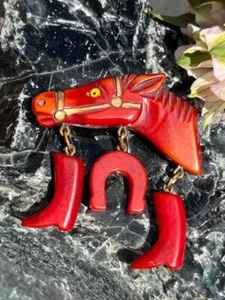 Carved Bakelite Vintage Authentic Figural Horse w Western Dangles Brooch / Pin - Picture 1 of 6