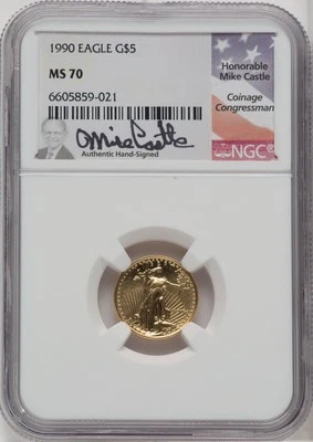 1990 $5 décima onça Gold Eagle Mike Castle Signature NGC MS70 - Imagem 1 de 2
