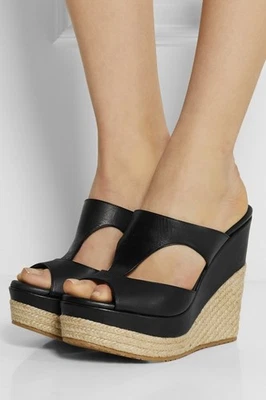 $650 Jimmy Choo PACANE Leather Black Espadrille Slides Wedges SZ 41 11 - Classic - Image 1 of 4