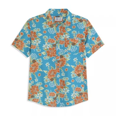 Para hombres Hurley Aqua Naranja Hibisco Floral Estilo Hawaiano Manga Corta Abotonada Foto 1 de 2