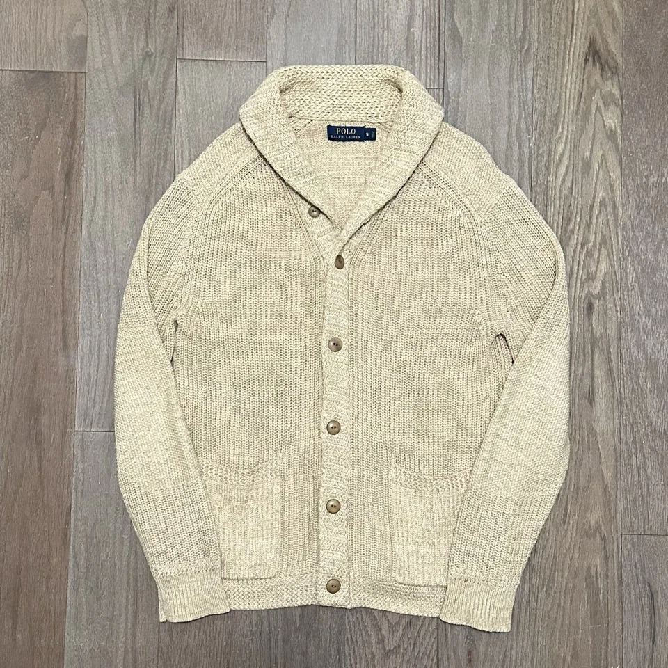 Cardigã Polo Ralph Lauren bege cáqui xale colarinho suéter algodão linho pequeno RRL - Imagem 1 de 4