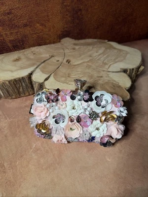Floral Beaded Rhinestone Clutch Purse Evening Bag-3D Flower Embellished/Wedding - Image 1 of 4