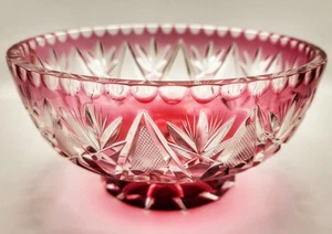 Ruby Cut To Clear Crystal Bowl 7" Vintage Bohemian Czech Starburst Geometric - Picture 1 of 7