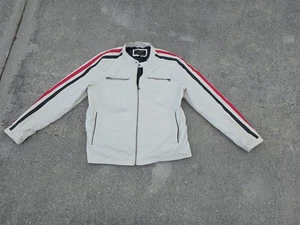 Wilsons Faux Leather White Jacket Medium Red Blue Stripes Motorcycle Moto - Picture 1 of 11