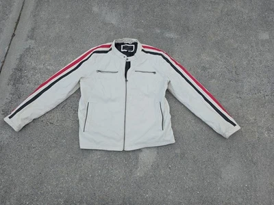Wilsons Faux Leather White Jacket Medium Red Blue Stripes Motorcycle Moto - Image 1 of 4