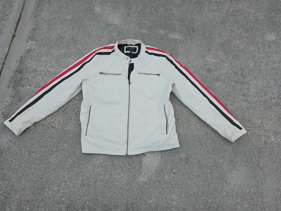 Wilsons Faux Leather White Jacket Medium Red Blue Stripes Motorcycle Moto - Image 1 of 4